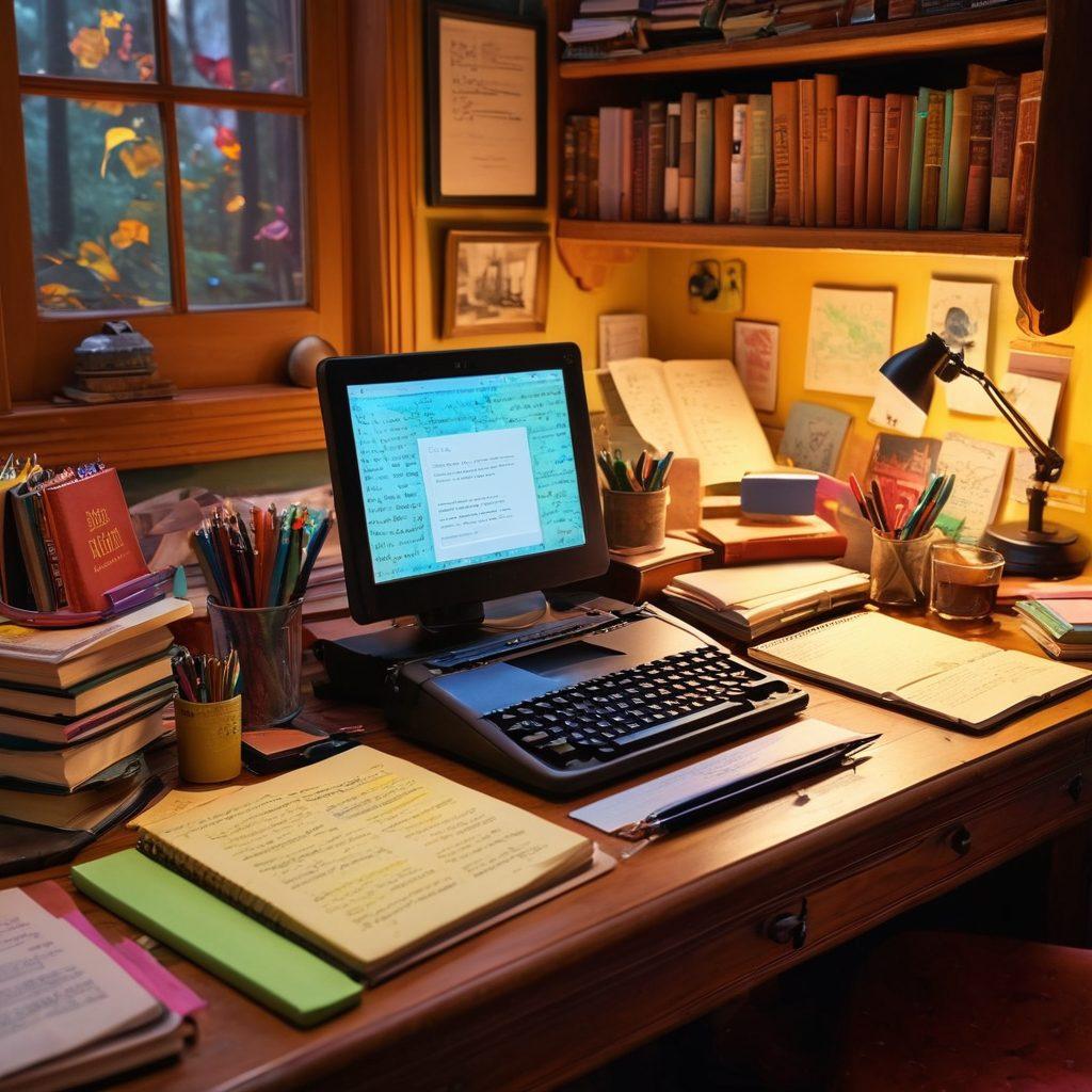 A whimsical writer's desk filled with colorful notebooks, ink pens, and literary quotes scattered around. A glowing computer screen displays a captivating digital story, while curious characters emerge from the pages, inviting reader interaction. The scene is bathed in warm, inviting light, with splashes of color to inspire creativity. super-realistic. vibrant colors. warm ambiance.