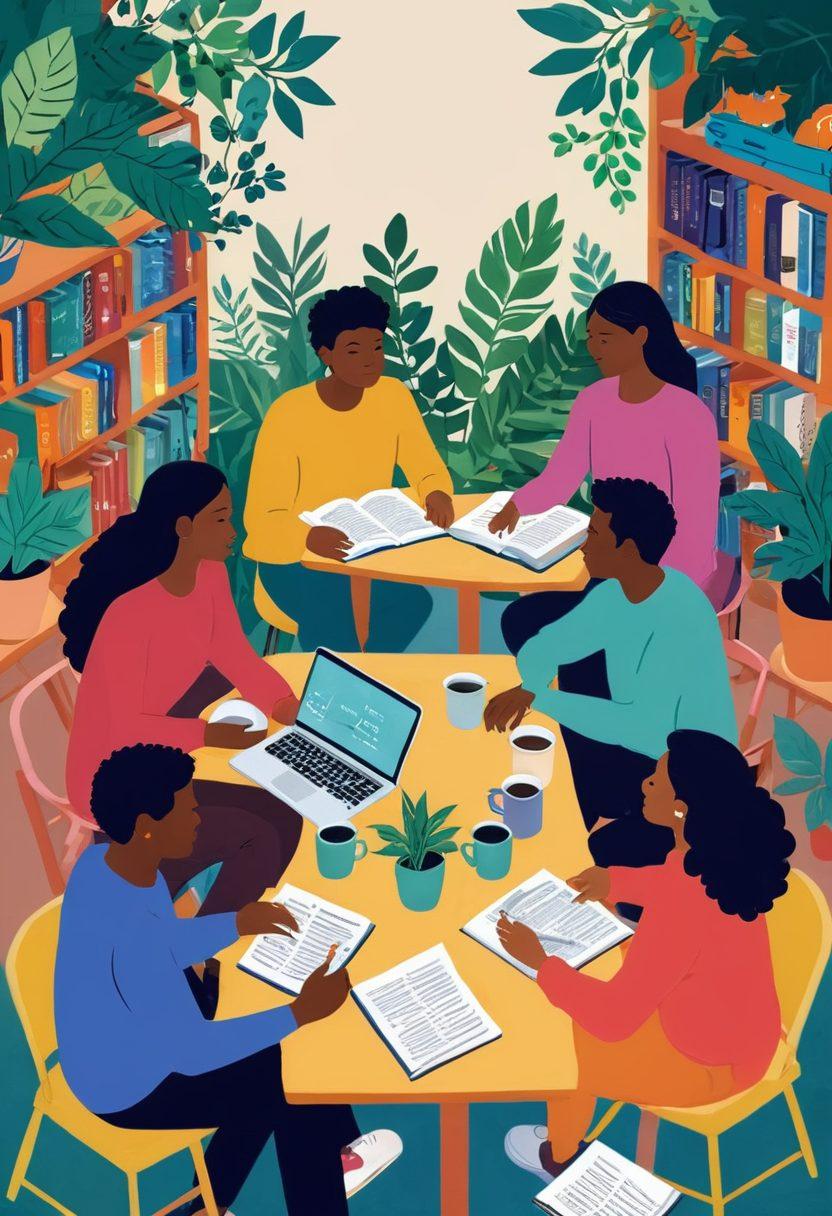 A vibrant illustration of a diverse group of people sitting around a table, sharing stories, with laptops, notebooks, and colorful coffee mugs. Above them, a swirl of words, images, and ideas flow into the air, symbolizing creativity and engagement. The background features shelves filled with books and plants, enhancing a cozy, inspiring environment. bright colors. whimsical style. soft focus.