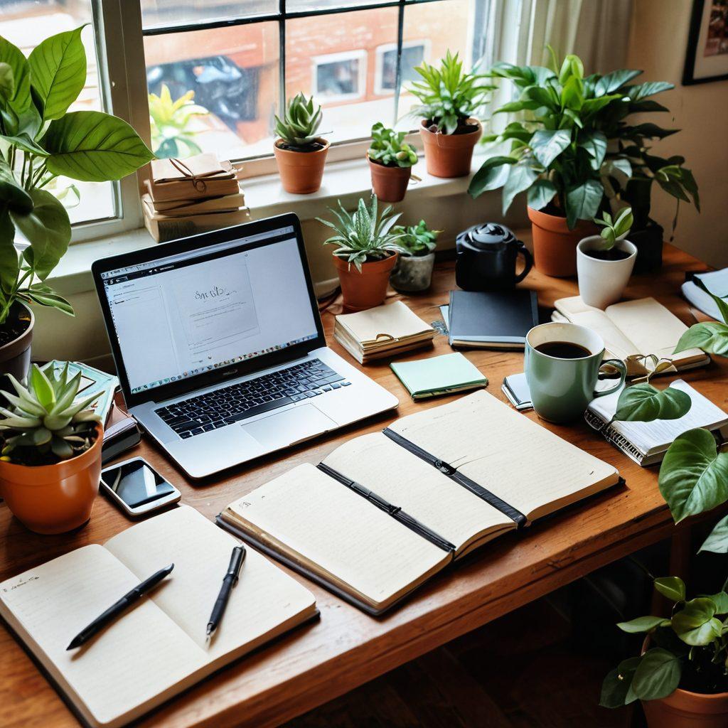 A cozy workspace with a vintage desk filled with notebooks, a laptop open to a vibrant online journal, art supplies scattered around, a steaming cup of coffee, and indoor plants thriving in natural light. The scene conveys creativity and community with small framed pictures of diverse individuals collaborating on journal entries. Super-realistic. Warm colors. Soft focus.